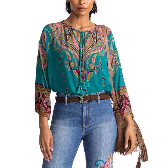 Johnny Was Tops - Johnny Was Teal Paisley Tie-Neck Blouse with Pink and Gold Accents
